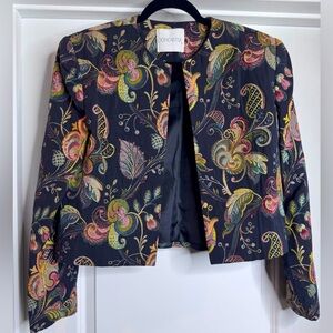 Vintage Doncaster Open Front Padded Shoulder Metallic Floral Lined Blazer Jacket